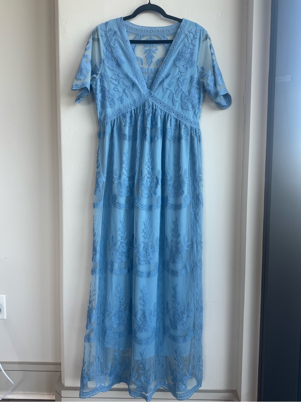 Powder Blue Embroidered Floral Mesh Boho Empire Waist Cottagecore Maxi Dress